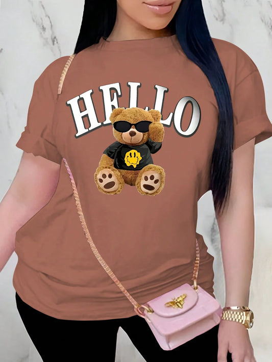 Summer women's fashion versatile casual drop shoulder short-sleeved T-shirt with cute letters and bear print loose top 2024 New