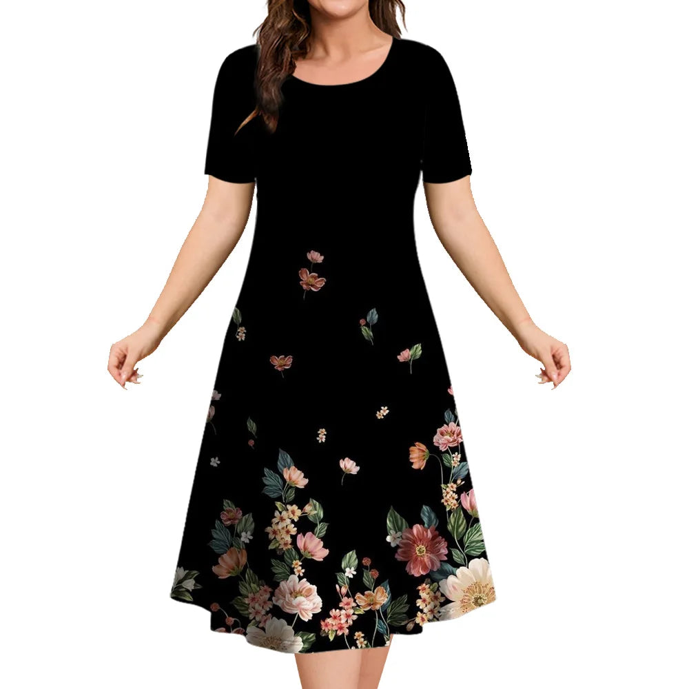 2024 New Floral Graphic Print Women's Dresses Elegant Midi Dresses Summer Dresses Plus Size Female Fashion Free Shipping