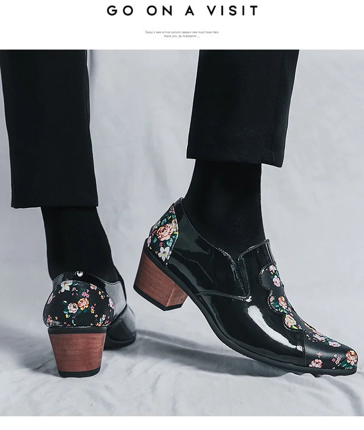 Classic Fashion Printed Men's High Heel Shoe Big Size 46 Pointed Leather Shoes Men Slip-on Wedding Shoes for Men zapatos hombre