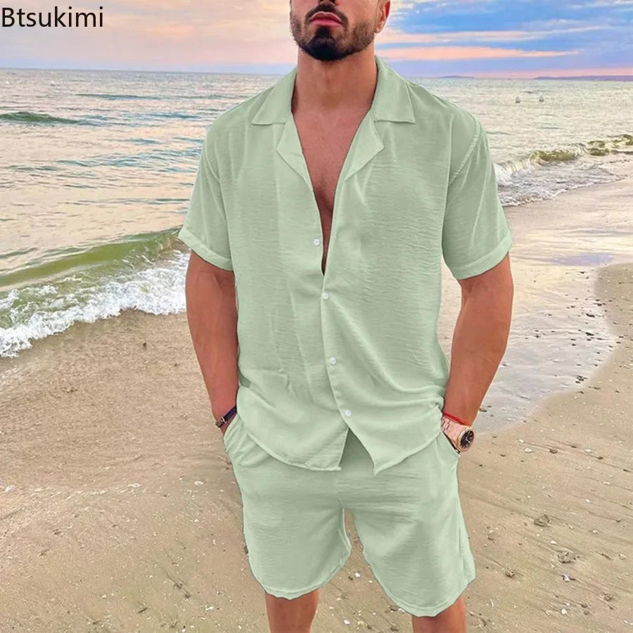 New 2024 Men's Summer Cotton Linen Sets Solid Short Sleeve Lapel Shirts and Shorts Sets Man Hawaiian Beach Holiday Clothing Sets