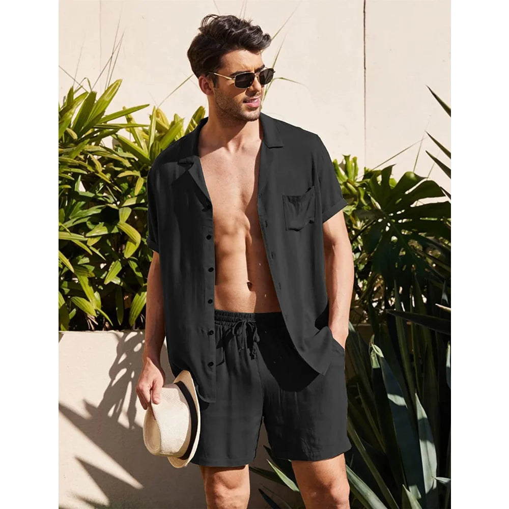 2024 Summer Casual Short-sleeved Linen Shirts Mens Shorts Loose Sweatpants Men Clothes Sweatshirts 2 Pieces Suits Tracksuit 3XL