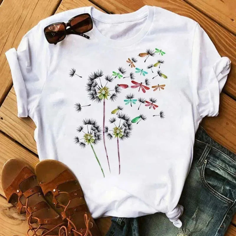 COTTON 100% Casual Cute Sunflower Butterfly Print T-shirt Comfortable Women's Black Top Oversized T Shirt  Graphic Tshirts