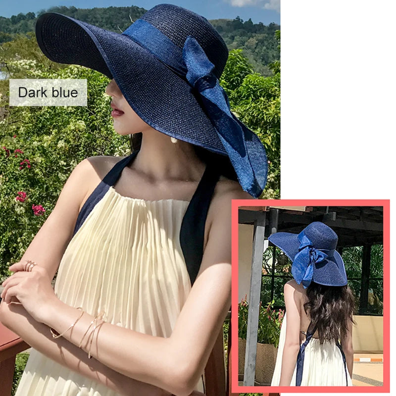 Summer Women Straw Hat Bowknot Wide Brim Floppy Panama Hats Female Lady Outdoor Foldable Beach Sun Cap