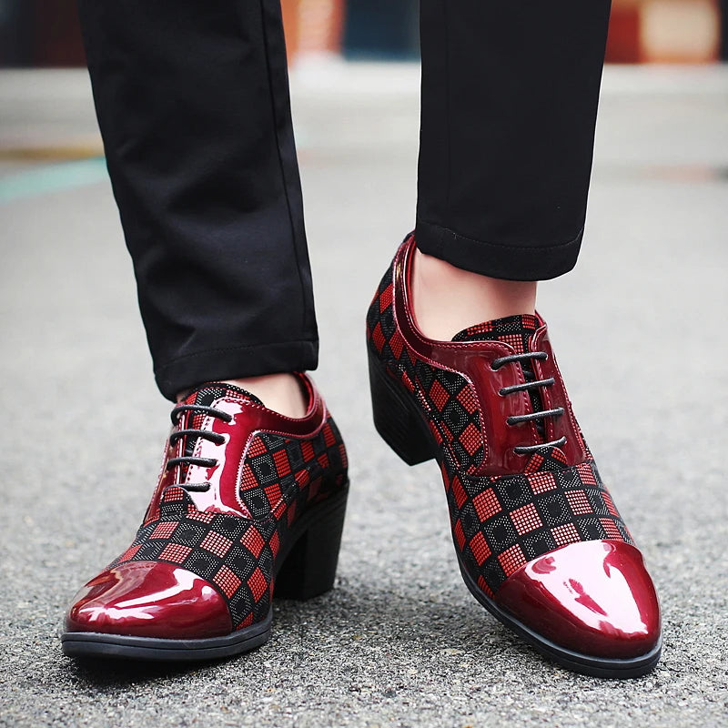 New Fashion Red Plaid Men's Dress Shoes Pointed Leather High Heel Shoes Men Height Increasing Wedding Shoes Men Zapatos Hombre