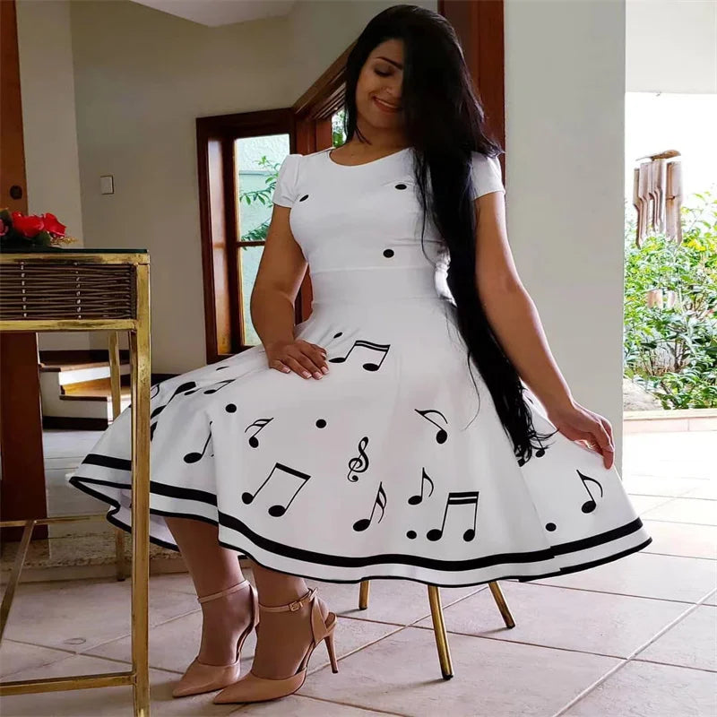 2024 European and American new summer women's large swing skirt music symbol print dress