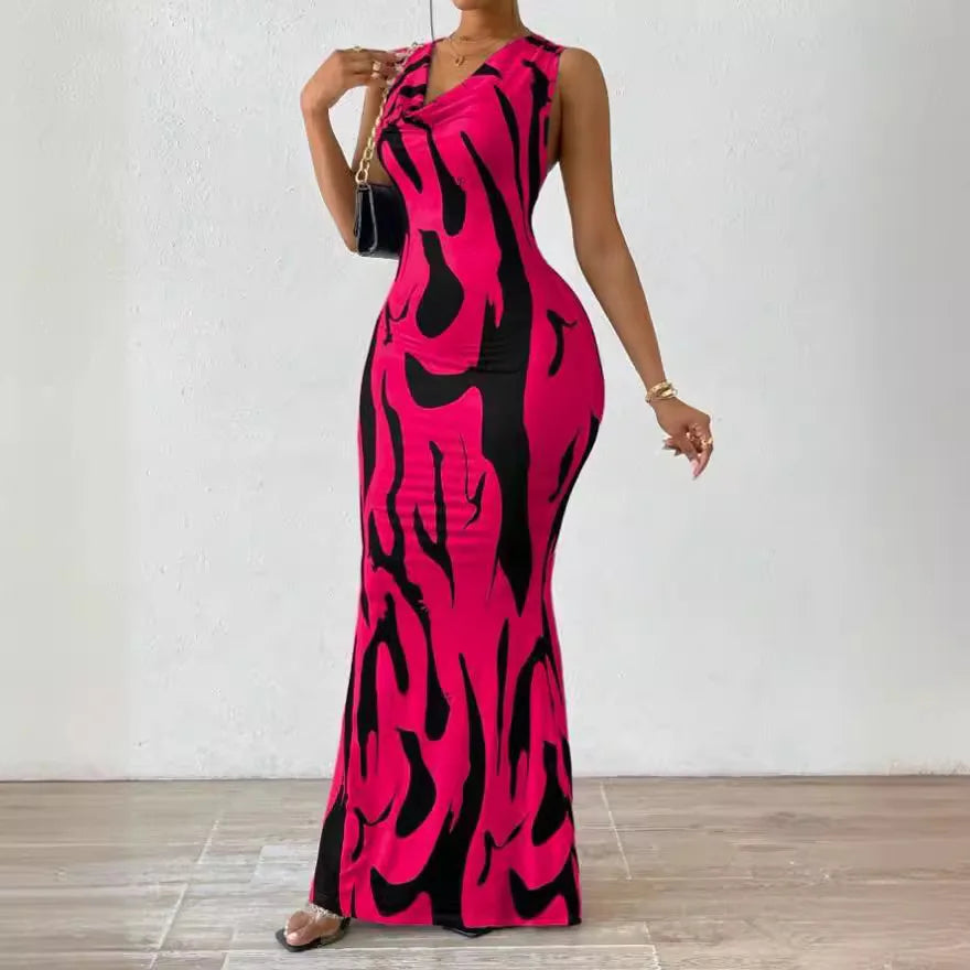 Sexy Bodycon Package hip Party Women's Long Dresses Summer Print Sleeveless Pile Collar Slim Skinny Party Maxi Dress For Women