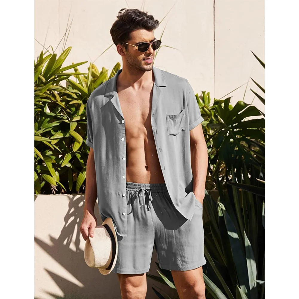 2024 Summer Casual Short-sleeved Linen Shirts Mens Shorts Loose Sweatpants Men Clothes Sweatshirts 2 Pieces Suits Tracksuit 3XL