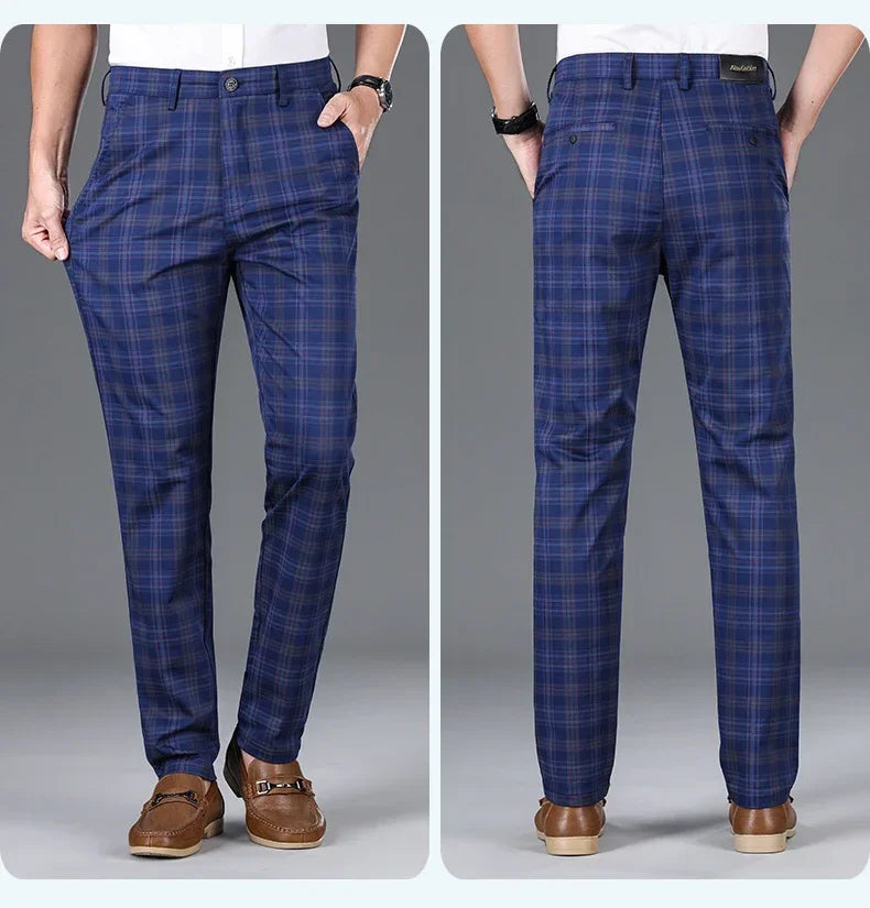 2024 Summer Classic Simple Straight Casual Pants for Men Personalized Checkered Versatile Stretch Business Casual Slim Trousers