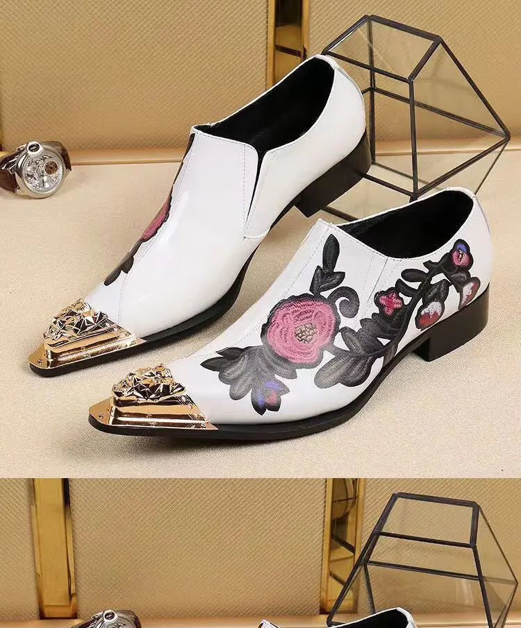 Spring Autumn Pointed end Gold ornaments Shoes and Hats Stamp Cowhide Shoes Rivet Marry Walk Show Nightclub Men's Shoes