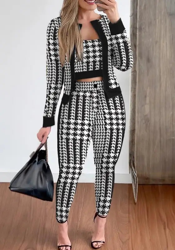 Fashion Houndstooth 3 Piece Set Tops And Slim Long Pant Suit Women Clothing Autumn Tank Cardigan Coat & Bodycon Pants 3pcs Sets