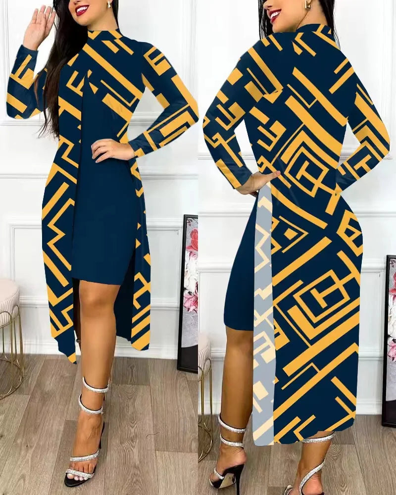 Autumn Winter Women Print 2 Piece Set Dress Fashion Elegant Long Sleeve Female Party Dresses Casual Holiday Robe Femme New