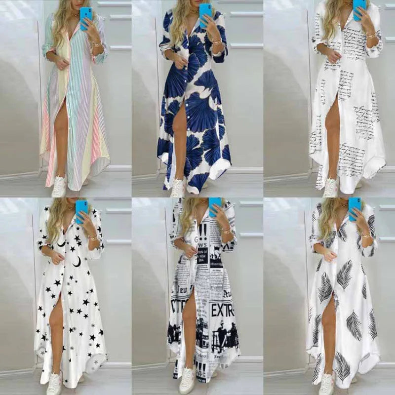 Summer Women Boho Printed Long Shirts Elegant Dress Turn-down Collar Long Sleeve Female Casual Split Shirt Evening Maxi Dresses