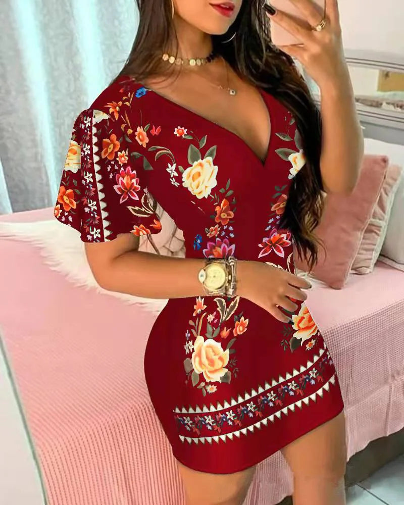 Summer Elegant Floral Print Bodycon Mini Dress Women 2024 Fashion Sexy Deep V-neck Package Hip Dresess Office Lady Party Dress