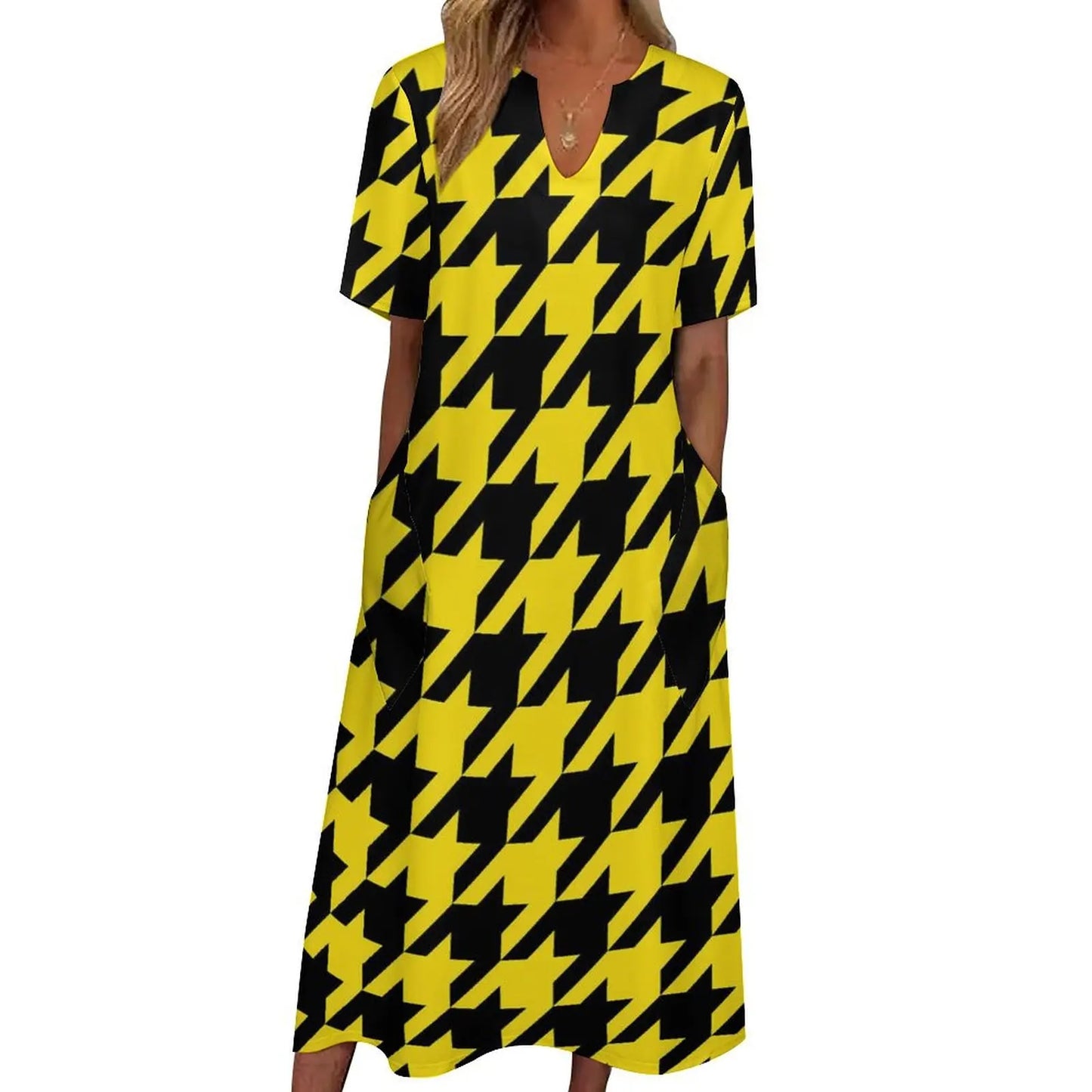 Retro Houndstooth Dress Spring Black White Check Streetwear Boho Beach Long Dresses Ladies Cute Maxi Dress Gift