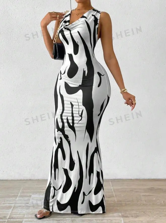 Sexy Bodycon Package hip Party Women's Long Dresses Summer Print Sleeveless Pile Collar Slim Skinny Party Maxi Dress For Women