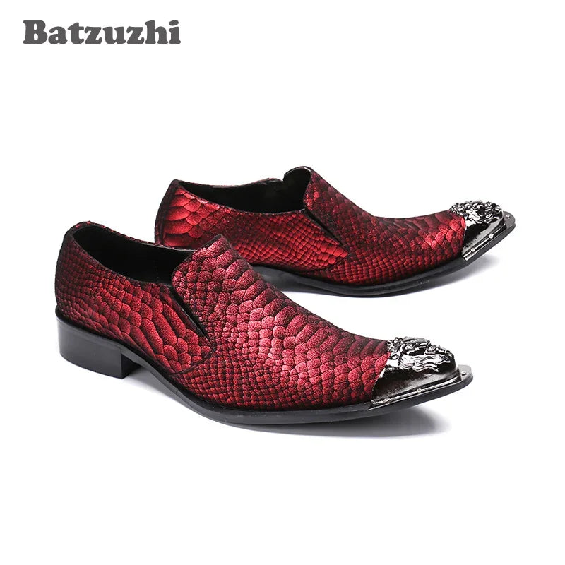 Batzuzhi Italy Brand New Men Leather Shoes Pointed Metal Toe Snakeskin Leather Red Men Wedding Dress Shoes Business and Party!