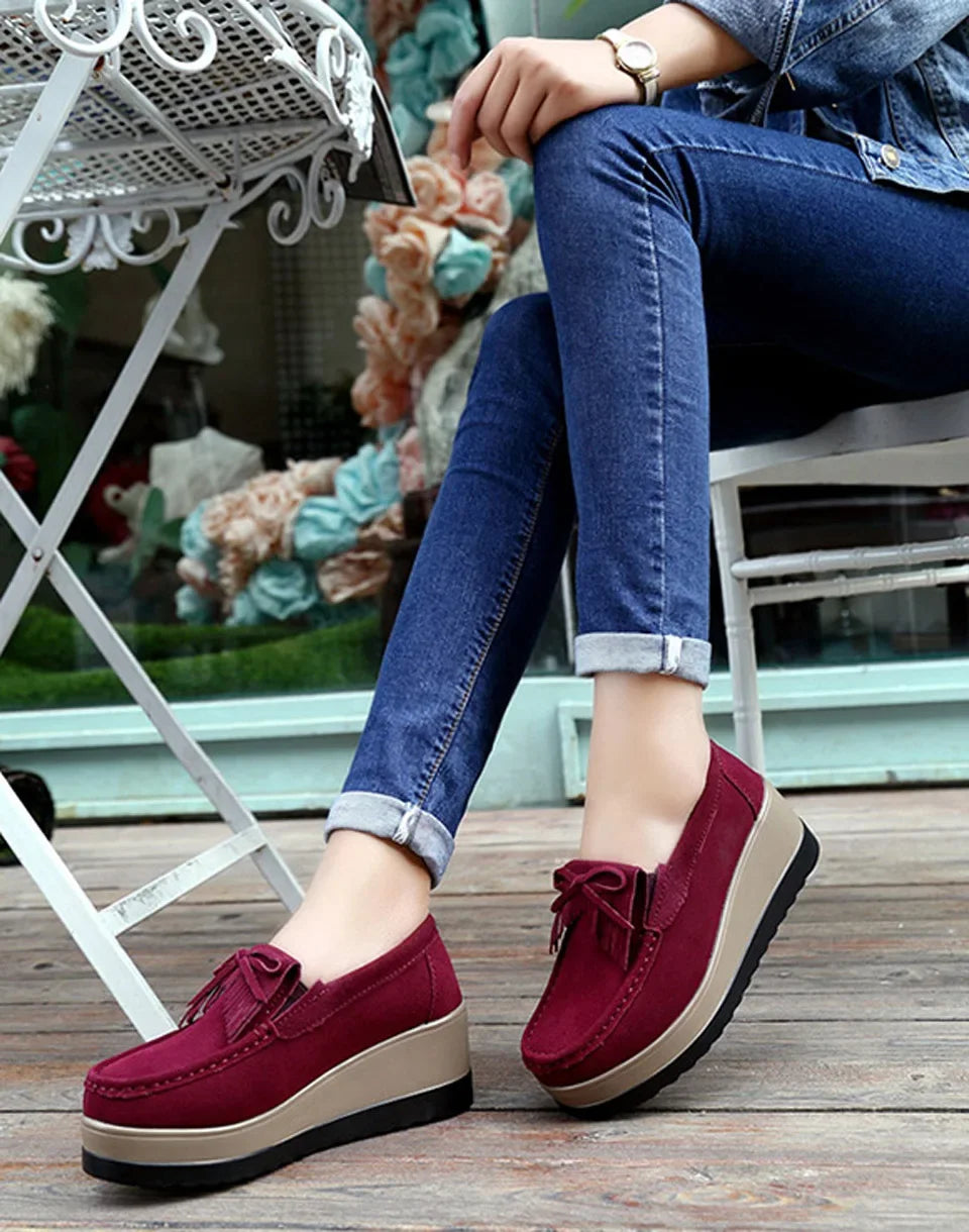 luxury 2024 Spring Autumn Women Suede Genuine Leather Wedge Shoes Lady Female Loafers Sweet Tassel Slip-ons Platform Moccasins