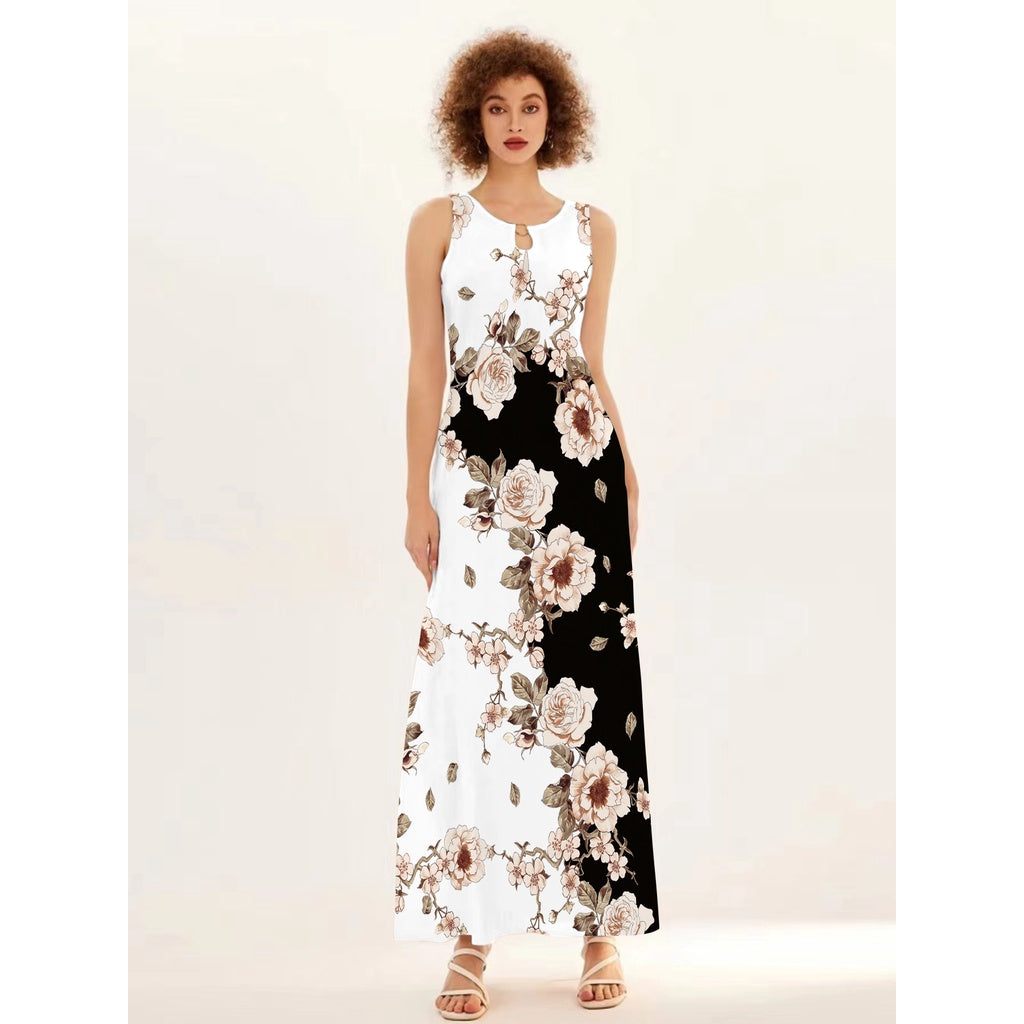 Flower Print New Casual Sleeveless Long Dress Women's V-Neck Printed Dress Swing Bohemian Retro Dresses