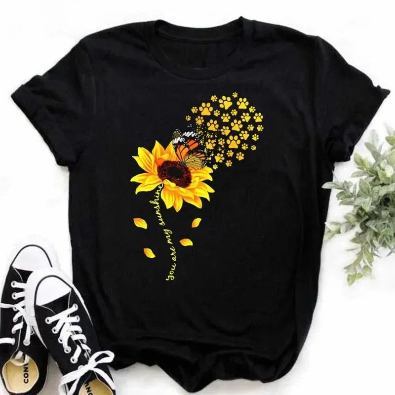 COTTON 100% Casual Cute Sunflower Butterfly Print T-shirt Comfortable Women's Black Top Oversized T Shirt  Graphic Tshirts