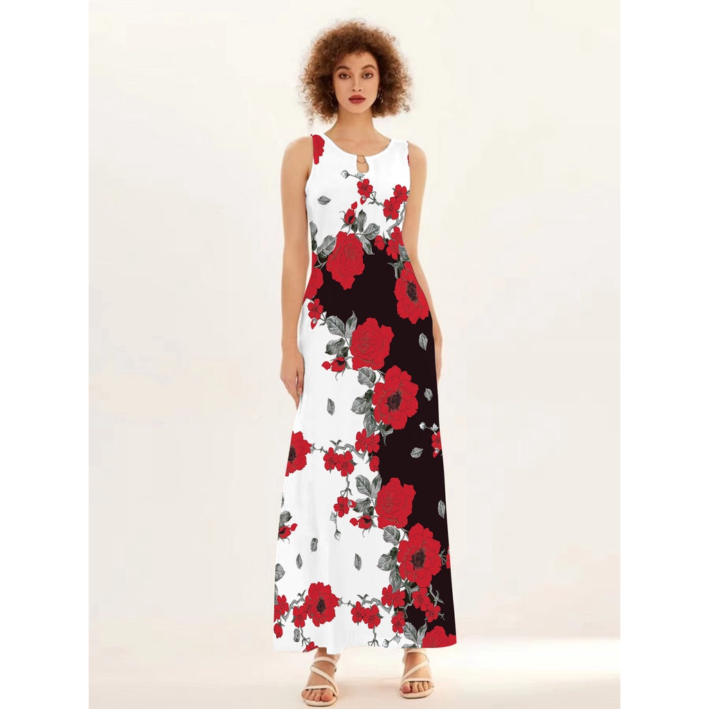 Flower Print New Casual Sleeveless Long Dress Women's V-Neck Printed Dress Swing Bohemian Retro Dresses