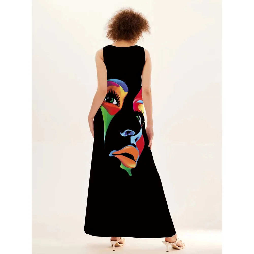 Mask printing Dress Sexy Sleeveless Dress  V-Neck  Casual  Clothing Women