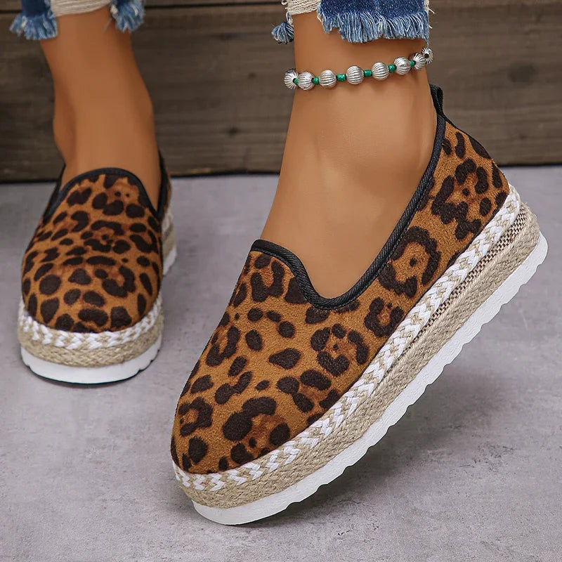 Leopard Shoes Women Platform Loafers 2024 Trend Weave Autumn Suede Casual Shoes Round Toe Flats Sneakers Walking Zapatos Mujer