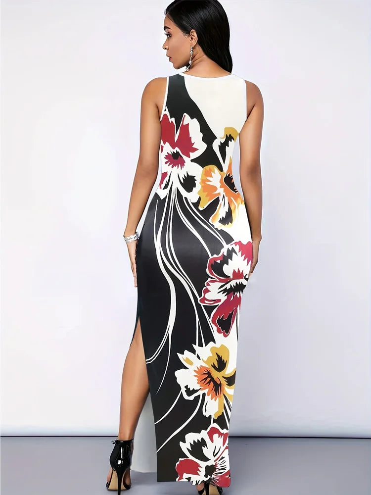 Allover Print Split Tank Dress, Elegant Bodycon Sleeveless Maxi Dress For Spring & Summer, Women's Clothing