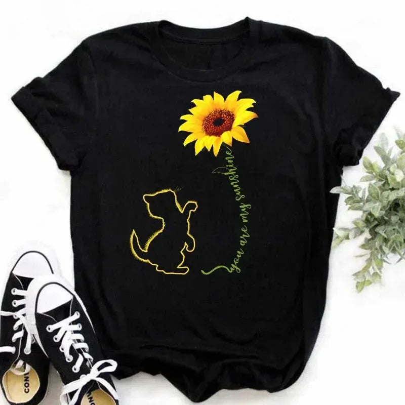 COTTON 100% Casual Cute Sunflower Butterfly Print T-shirt Comfortable Women's Black Top Oversized T Shirt  Graphic Tshirts