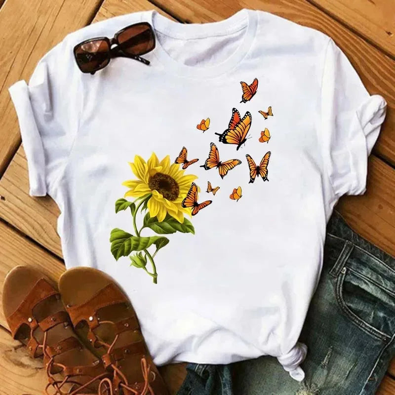 COTTON 100% Casual Cute Sunflower Butterfly Print T-shirt Comfortable Women's Black Top Oversized T Shirt  Graphic Tshirts