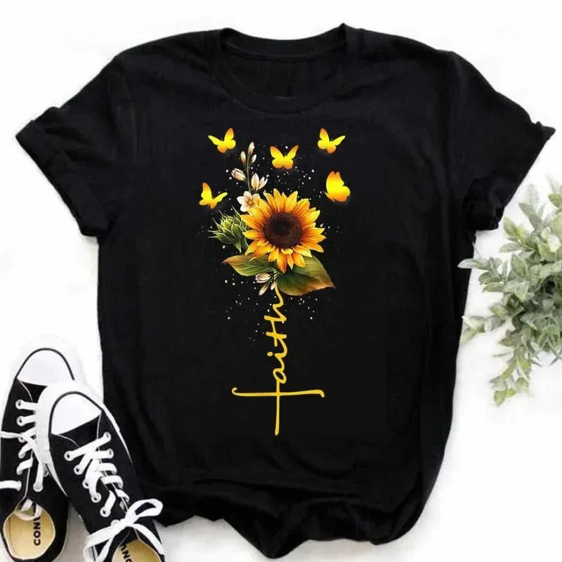 COTTON 100% Casual Cute Sunflower Butterfly Print T-shirt Comfortable Women's Black Top Oversized T Shirt  Graphic Tshirts