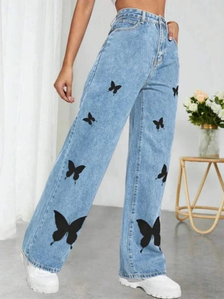 2023 Fall Trousers High Waist Butterfly Print Y2K Jeans For Women Fashion Loose Denim Straight Leg Pants Casual Clothing XS-L