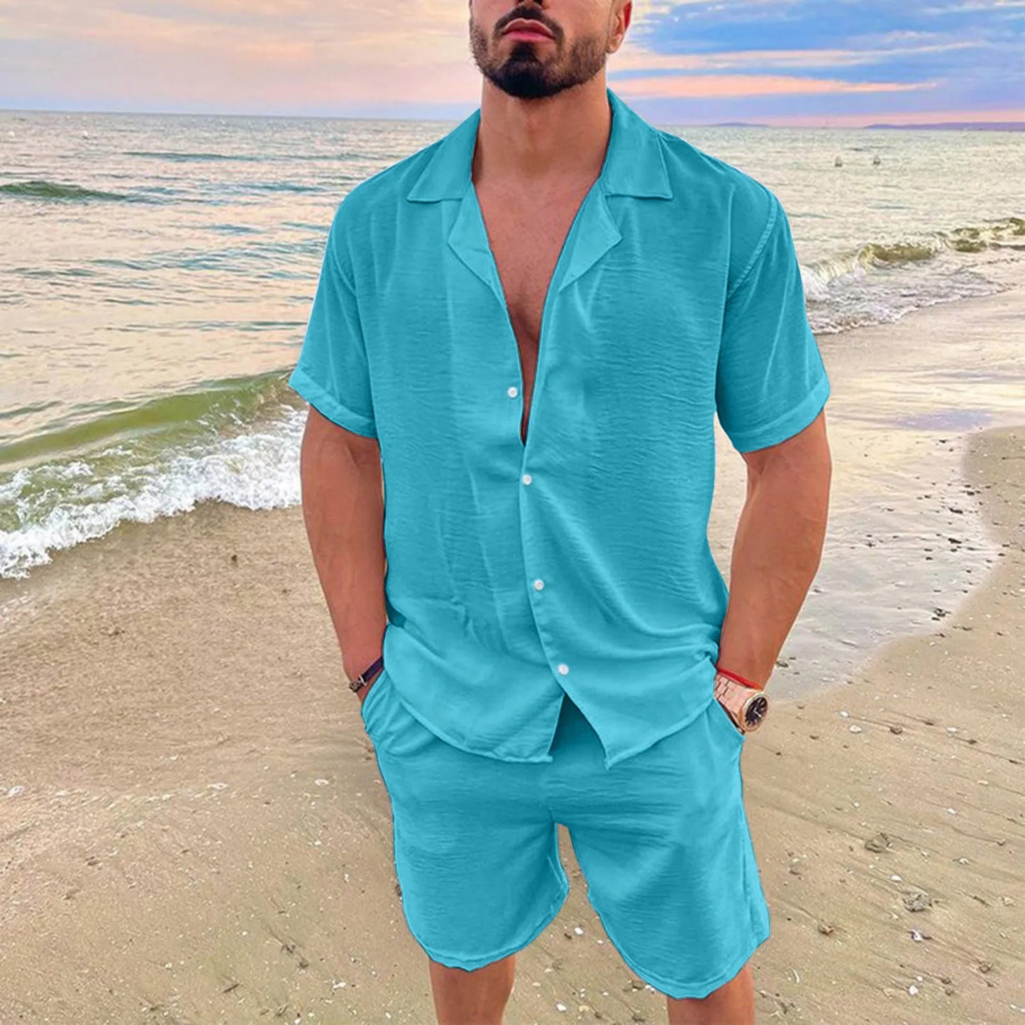 New 2024 Men's Summer Cotton Linen Sets Solid Short Sleeve Lapel Shirts and Shorts Sets Man Hawaiian Beach Holiday Clothing Sets