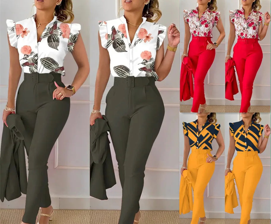 Women Slim Two-Piece Sets Summer Elegant Fashion Print V Neck Button Flying Sleeve Shirt Top & Solid Long Pants Suits With Belt