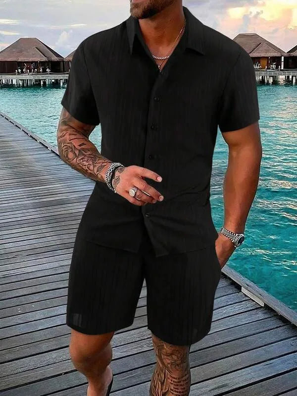 2024 Men's Fashion Summer New Style Casual Solid Color Stripe Suit Male High-Quality Two-Piece Set US Size