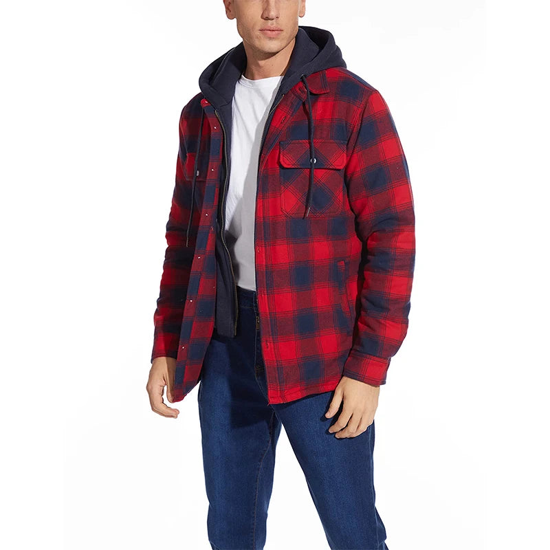 MAGCOMSEN Men's Flannel Shirt Jacket with Removable Hood Plaid Quilted Lined Casual Outerwear Winter Thermal Windbreaker Jackets