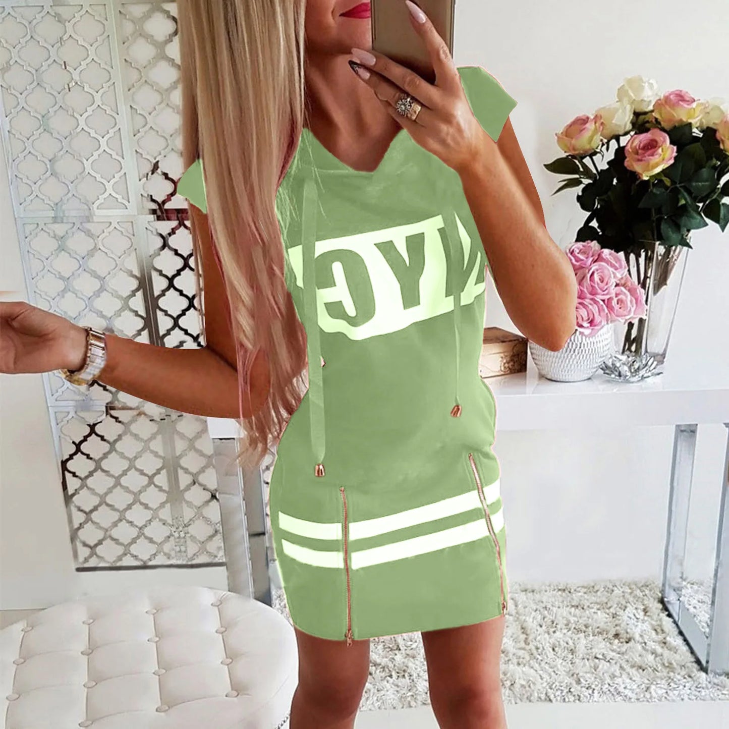 2022 Hooded Women Summer Dress Short Sleeve Letter Print Zipper Bandage Hoodies Lady Casual Sport Bodycon Vestidos Mini Dresses