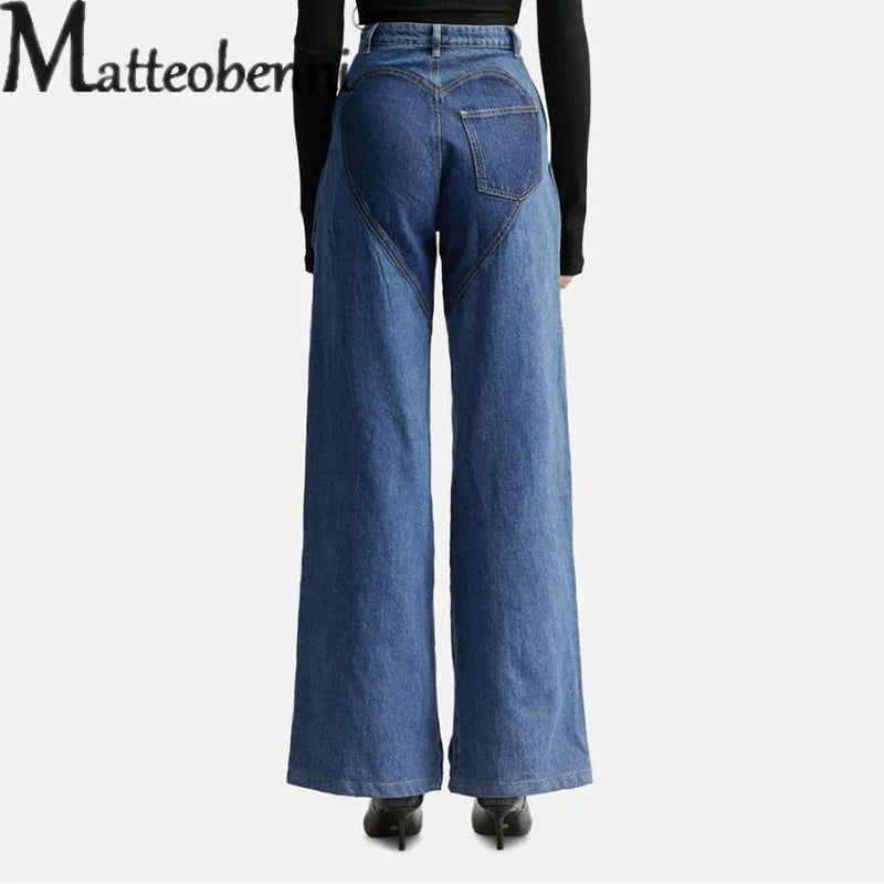 Fashion Hollow Out Curved Stripe Splice Jeans Women Flower Shaped Metal Buttons High Waist Straight Denim Pants Female Trousers