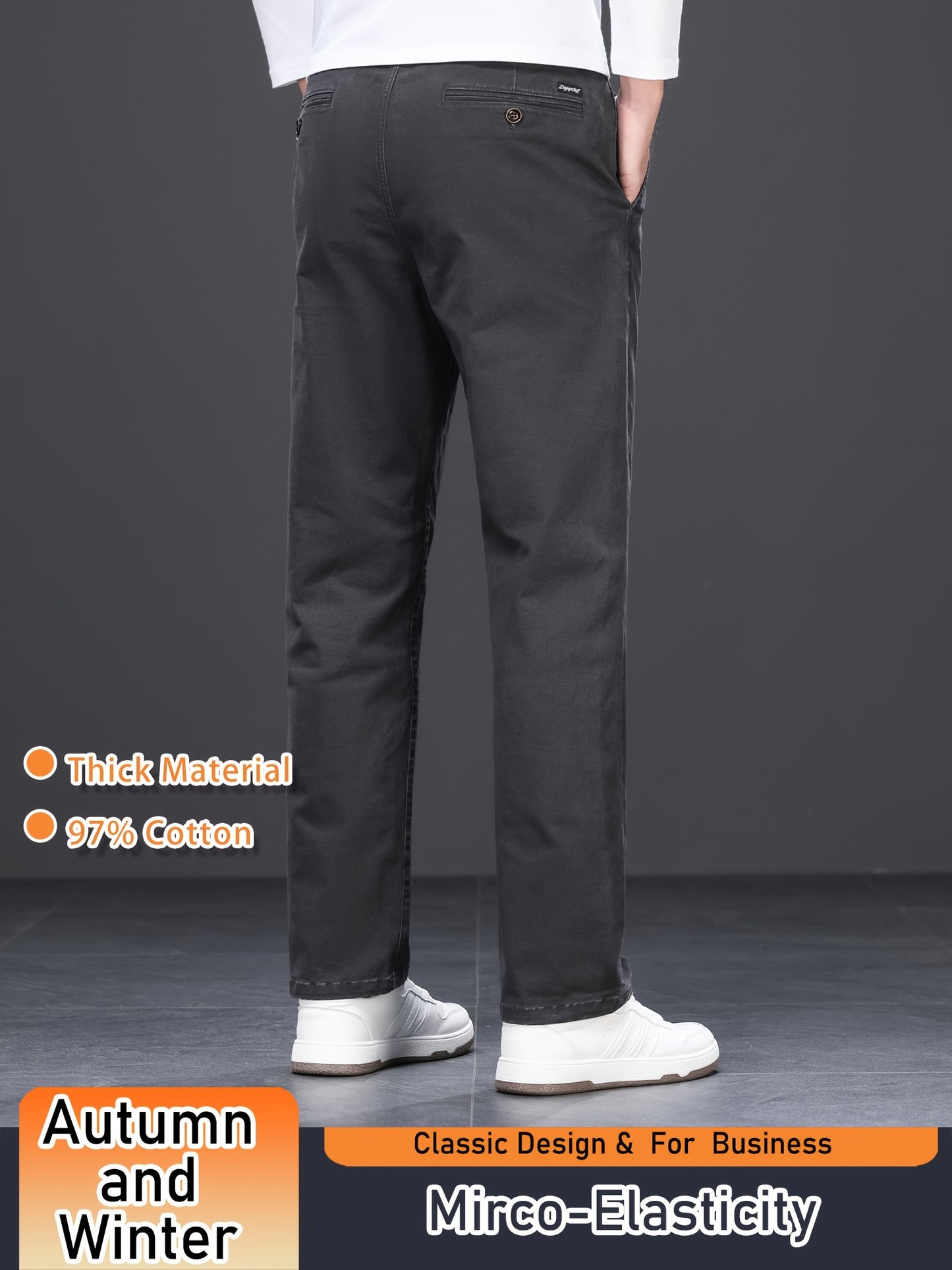 Men's Business Casual Trousers, Thickened Autumn/Winter Warm Straight-Leg Pants, Cotton Blend, Light Business Style, Stretch Fabric, Solid Color, Regular Fit, Mid-Waist, Regular Length, Woven Fabric