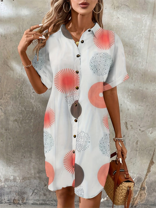 Graphic Print Button Front Shirt Dress, Vacation Style Short Sleeve Loose Fit Dress For Spring & Summer, Women's Clothing