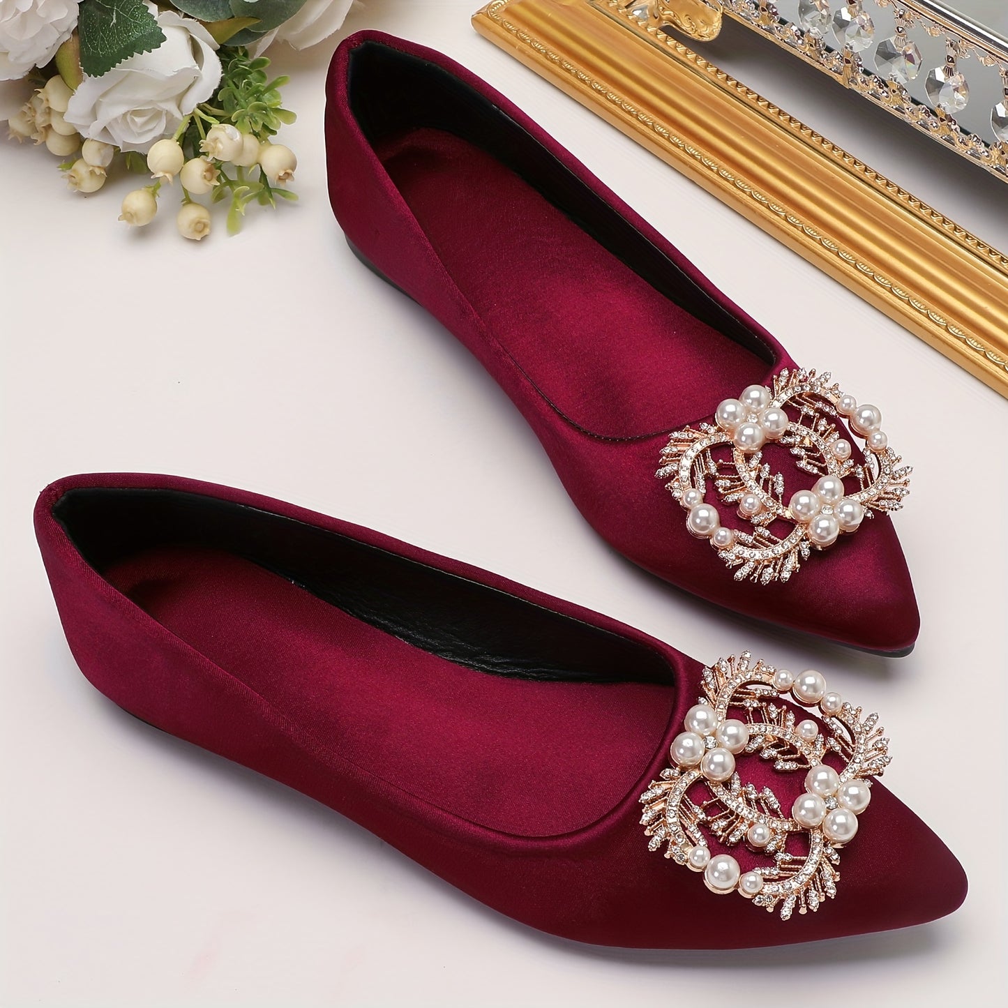 Women's Faux Pearl & Rhinestone Decor Flat Shoes, Casual Solid Color Pointed Toe Slip On Shoes, Trendy & Stylish Dress Shoes