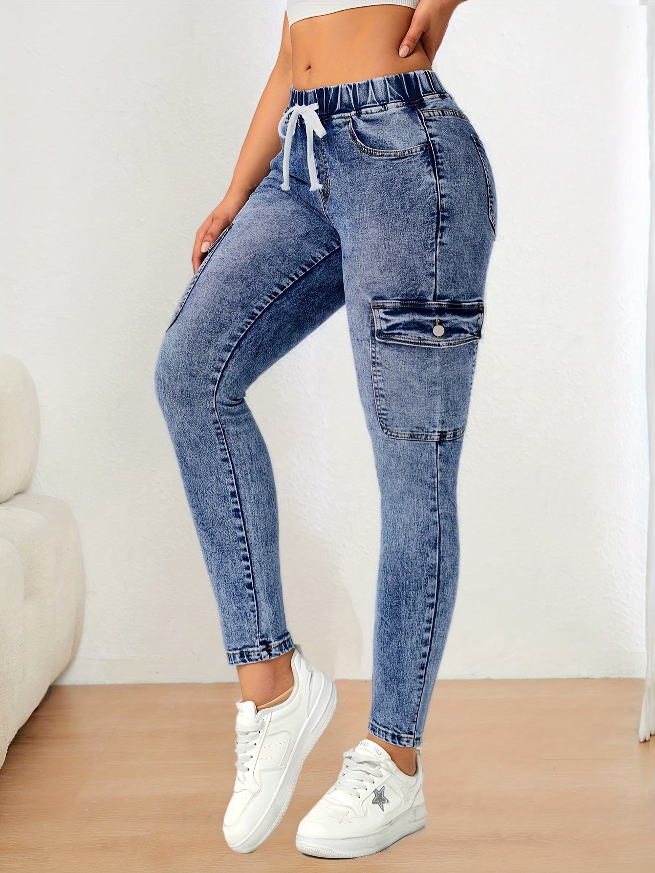 Women's High Stretch Skinny Jeans with Drawstring Waist and Pockets, Cotton Blend Denim, Solid Color Street Style for All Season - Long Length Casual Weekend Pants