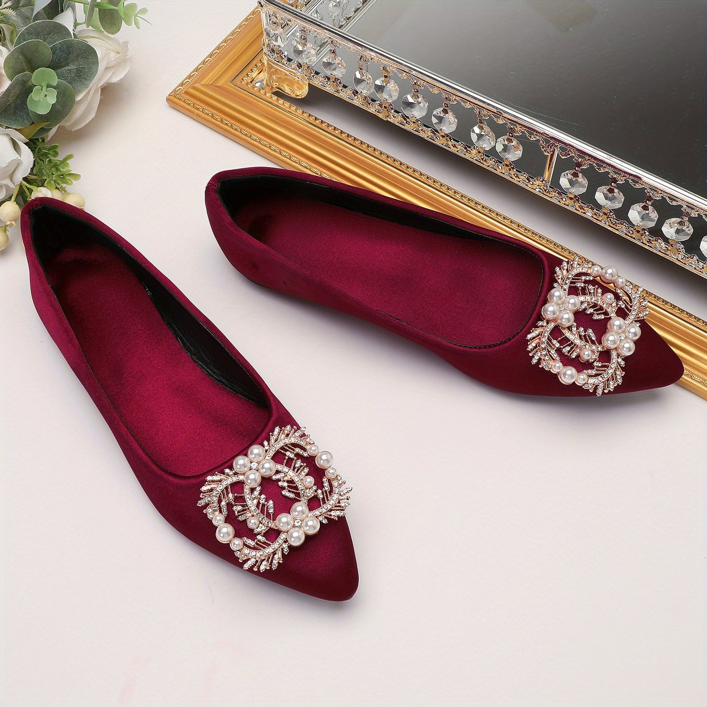 Women's Faux Pearl & Rhinestone Decor Flat Shoes, Casual Solid Color Pointed Toe Slip On Shoes, Trendy & Stylish Dress Shoes