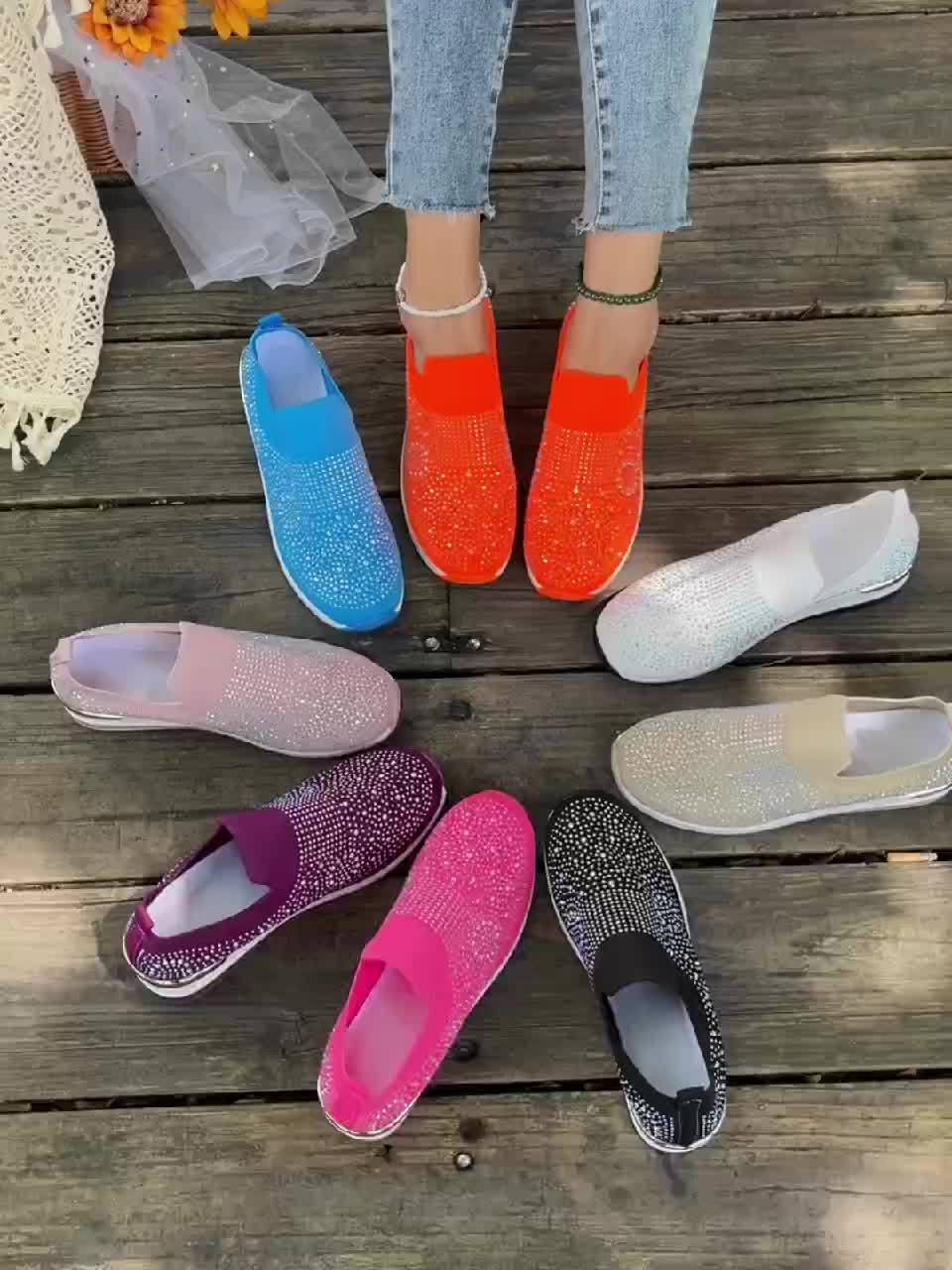 Women's Rhinestone Decor Sneakers, Breathable Knit Slip On Platform Shoes, Women's Comfortable Shoes