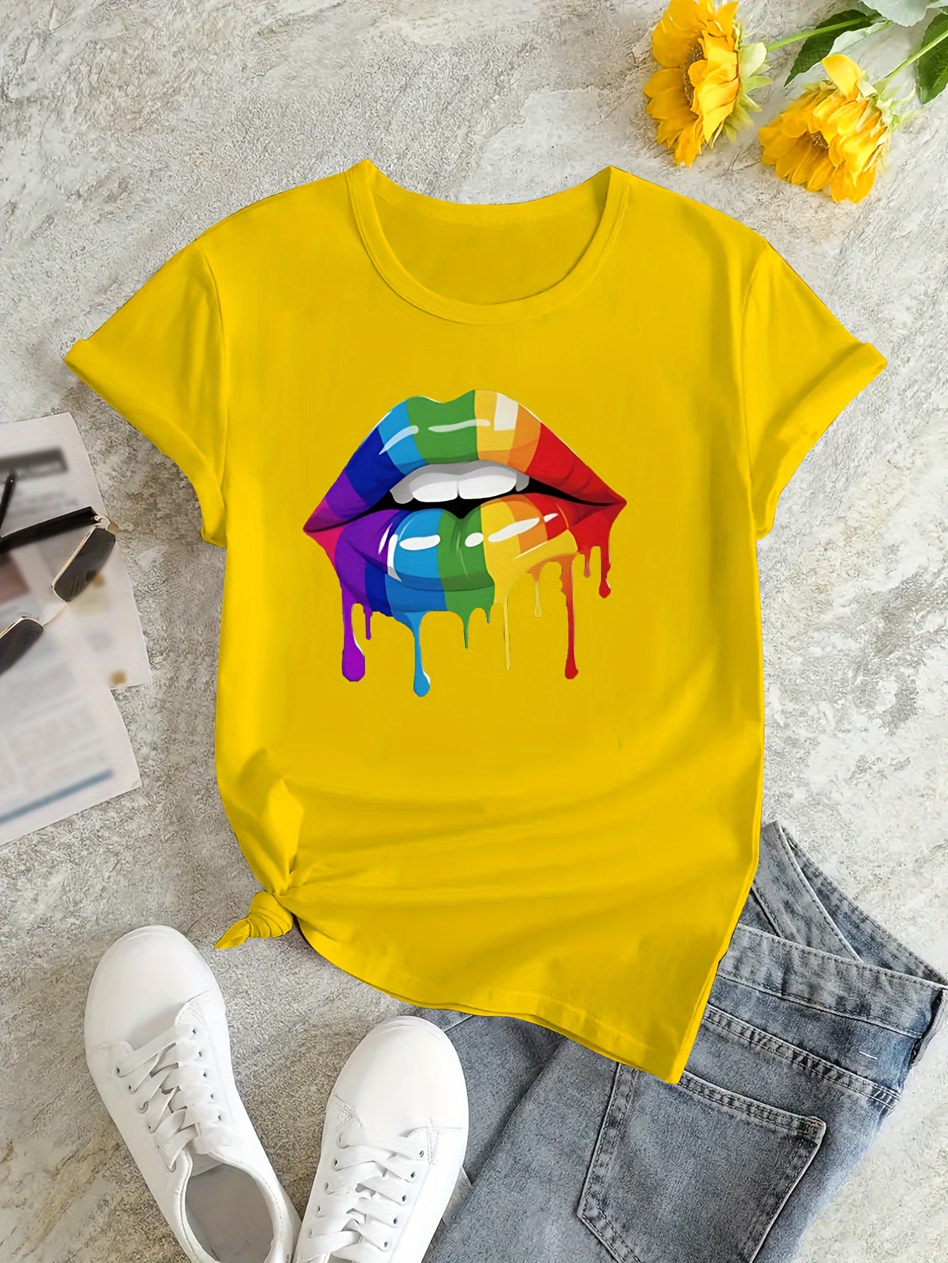 Colorful Lip Print T-shirt, Short Sleeve Crew Neck Casual Top For Summer & Spring, Women's Clothing