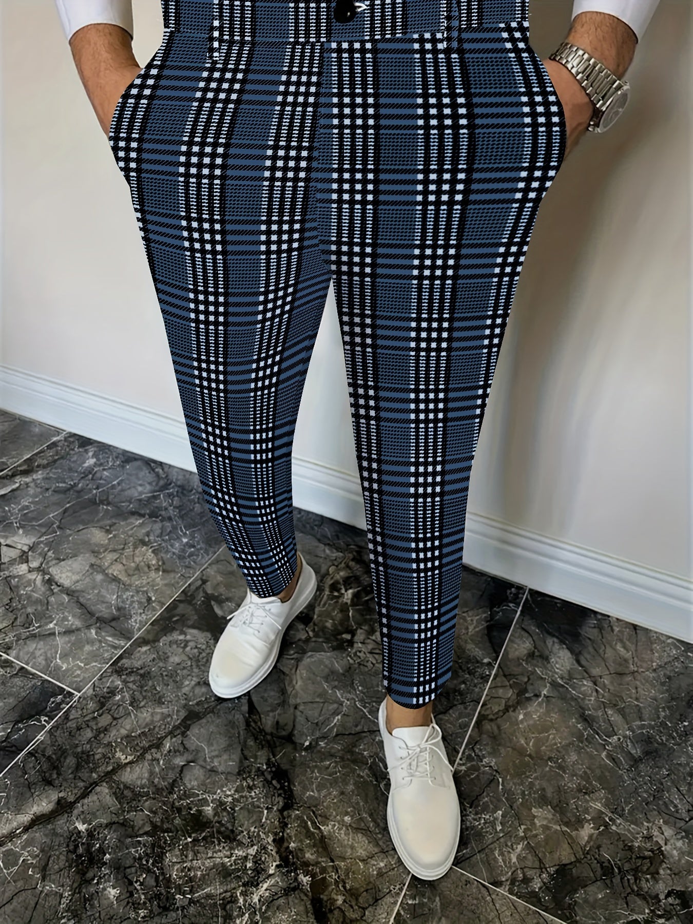 Men's Plaid Print Mid Stretch Slim Fit And Cuffed Classic Pants, Chic Trousers For All Seasons Business And Formal Party Wear