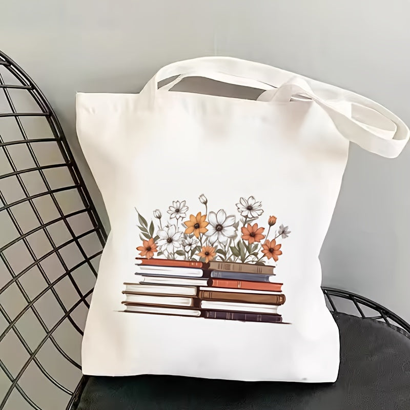 1pc Book and Flower Pattern Shoulder Bag Shopping Canvas Bag Canvas Tote Bag Tote Casual Canvas School Multifunctional Shopping Bag