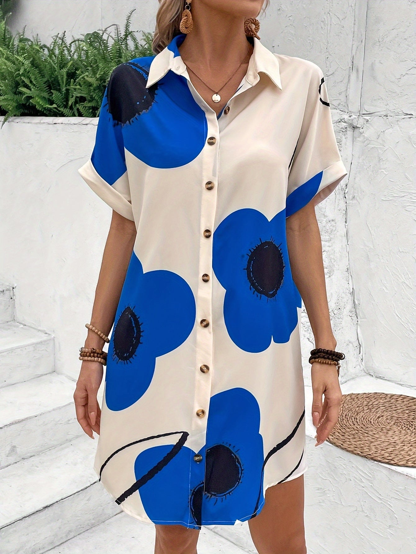 Floral Print Button Front Shirt Ress, Elegant Short Sleeve Loose Fit Dress For Spring & Summer, Women's Clothing