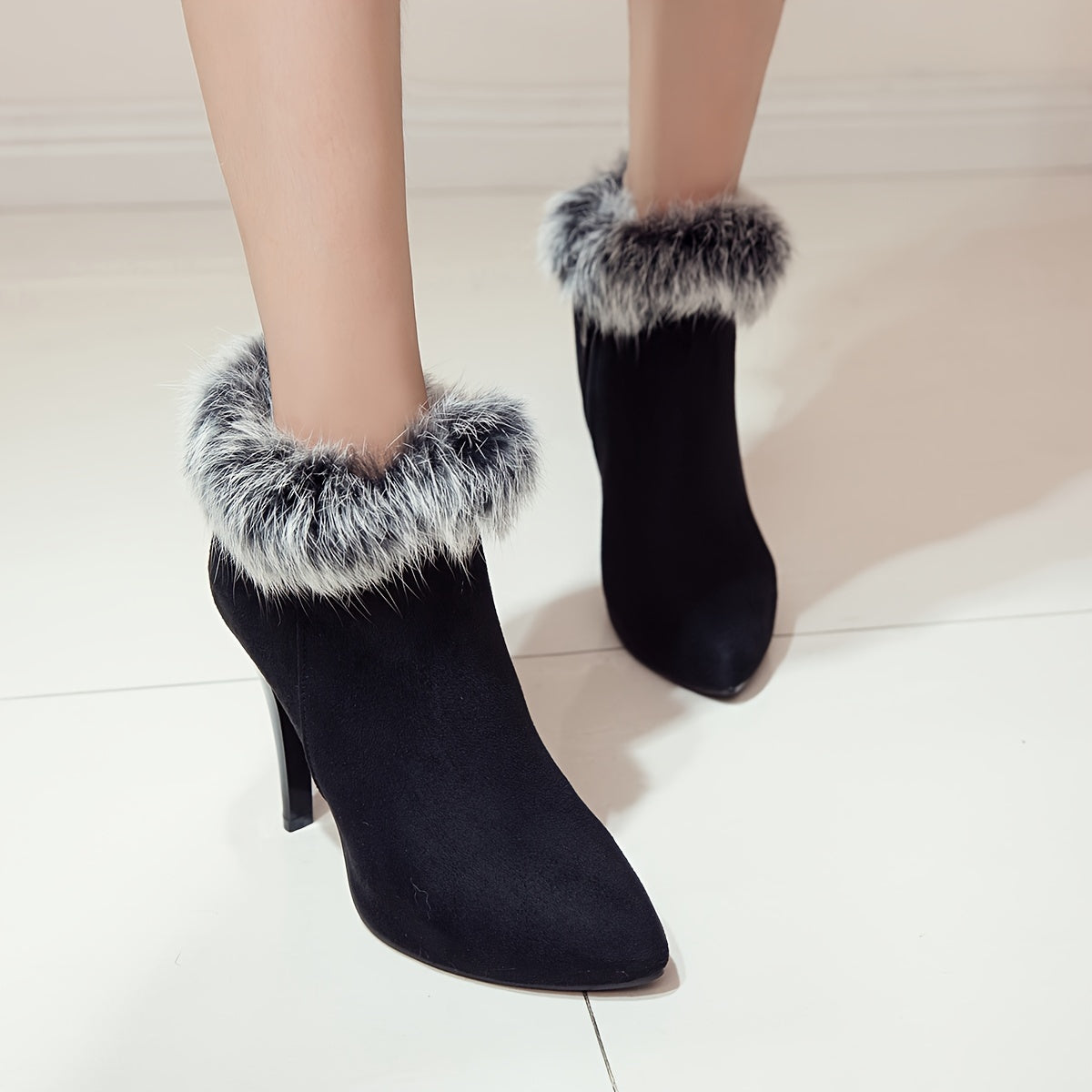 Women's Fluffy Stiletto Ankle Boots, Sexy Plush Lined Thermal Thin High Heels, Christmas Style Side Zipper Short Boots