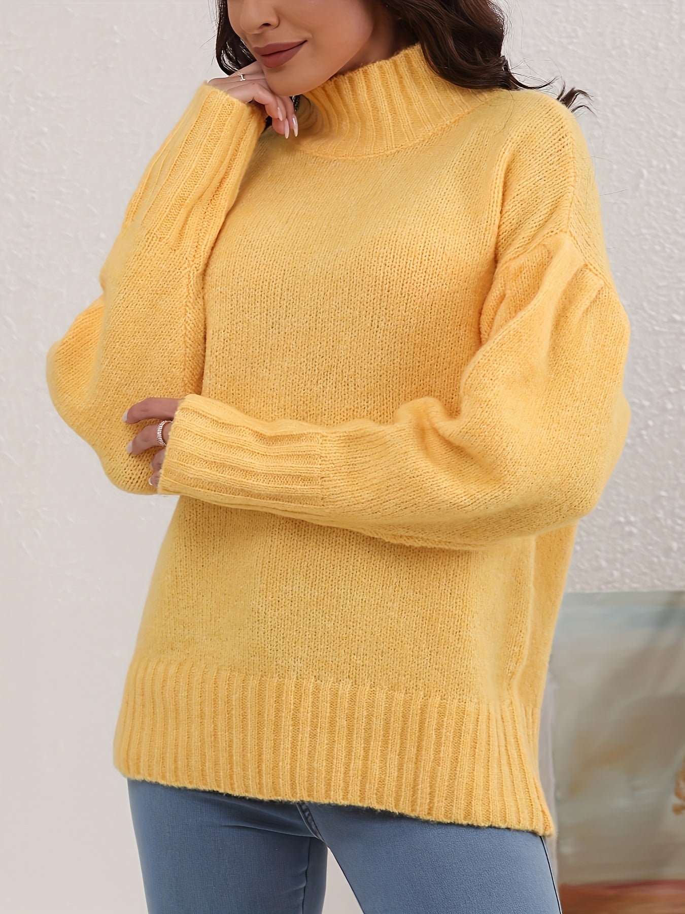 Solid Mock Neck Knit Sweater, Elegant Long Sleeve Pullover Sweater For Fall & Winter, Women's Clothing