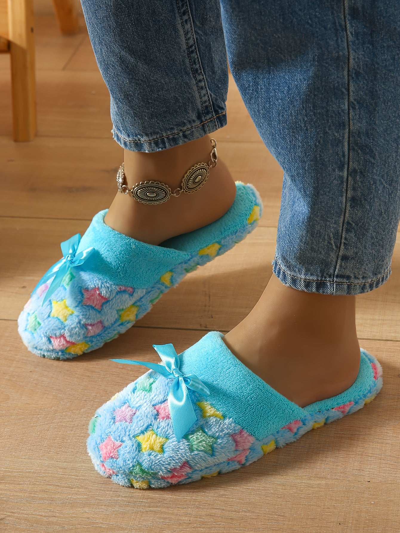 Bowknot Decor Fuzzy Slippers, Stars Print Soft Sole Closed Toe Plush Lined Shoes, Indoor Non-slip Home Warm Shoes